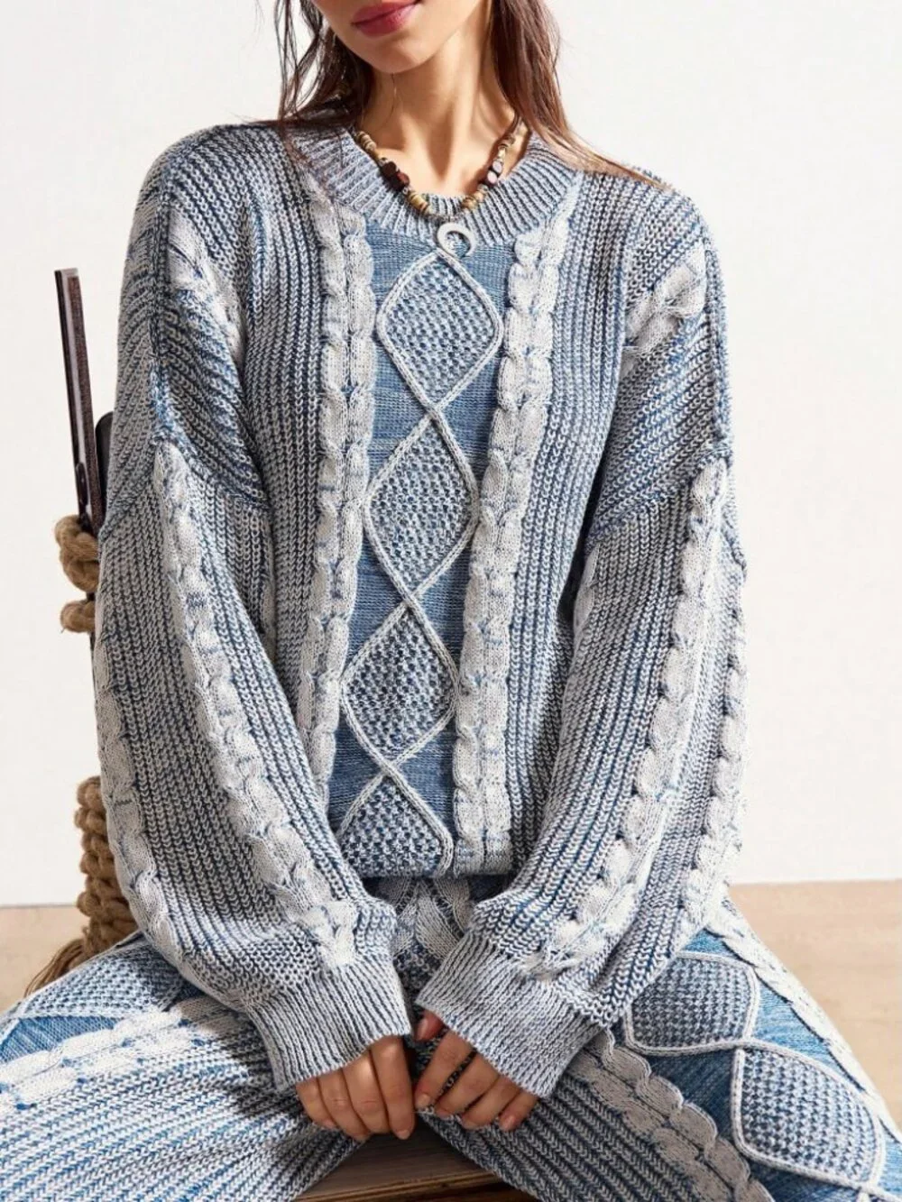 Blue & Gray Marled Cable Knit Oversized Sweater